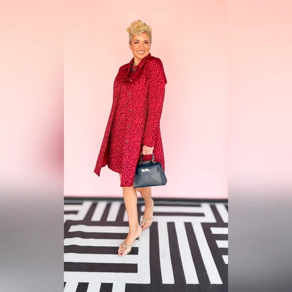 Jade Red Collar Fitted Coat Cheetah Print Brocade Size XL - Picture 10 of 14